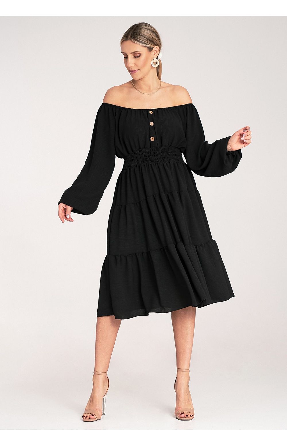 Midi Kleid Damen Spanischer Ausschnitt Holzknöpfe Gürtel