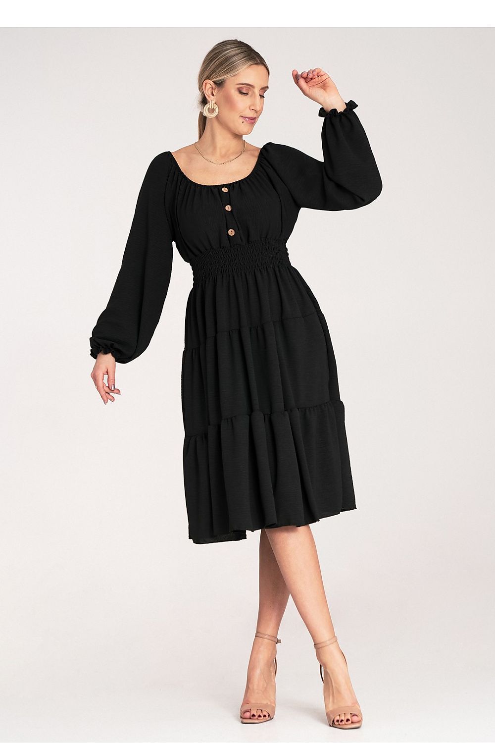 Midi Kleid Damen Spanischer Ausschnitt Holzknöpfe Gürtel