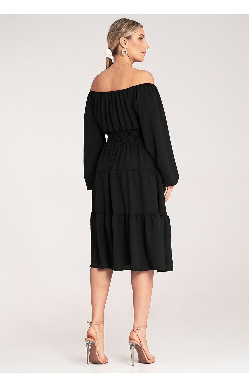 Midi Kleid Damen Spanischer Ausschnitt Holzknöpfe Gürtel