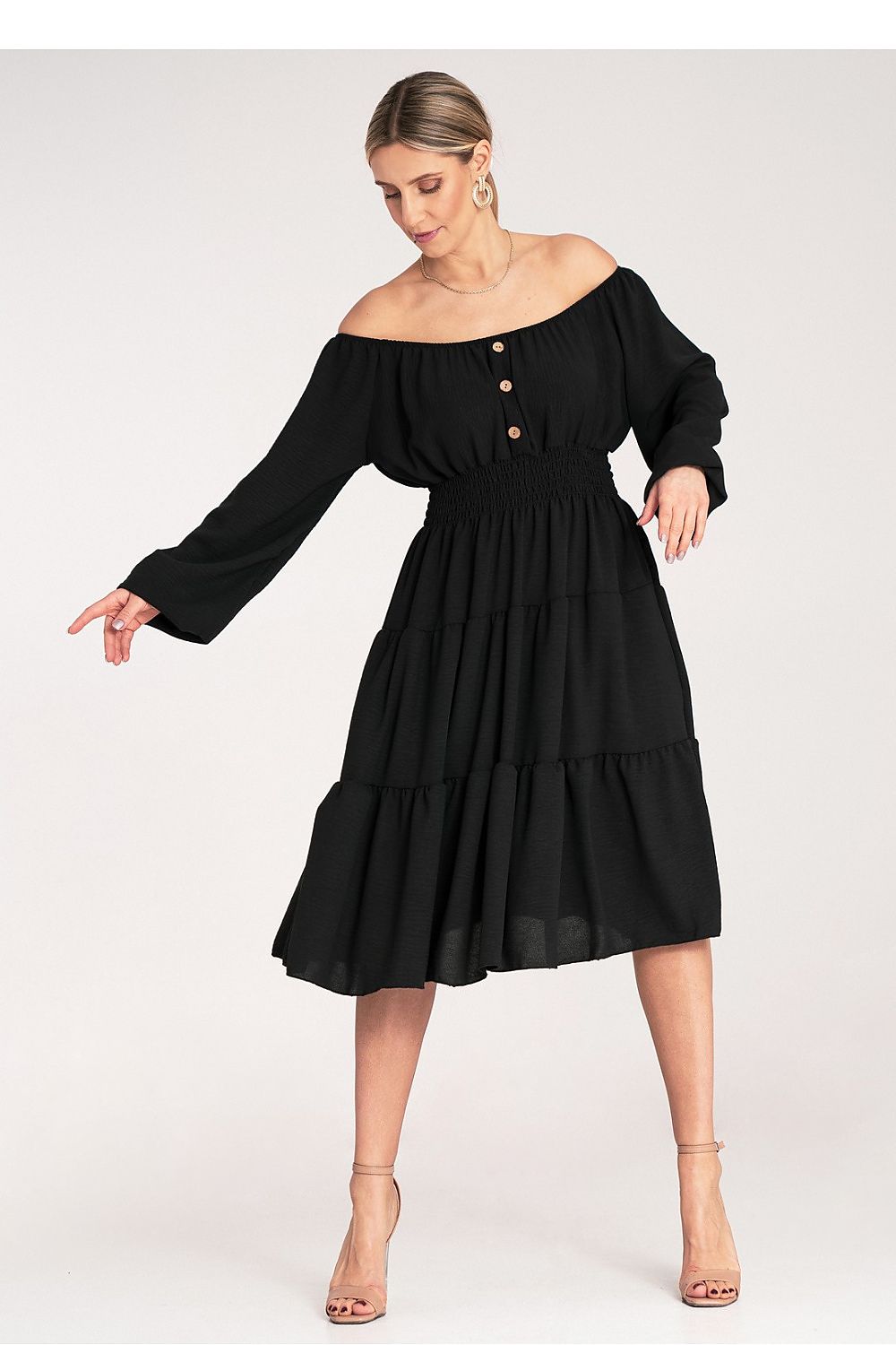 Midi Kleid Damen Spanischer Ausschnitt Holzknöpfe Gürtel