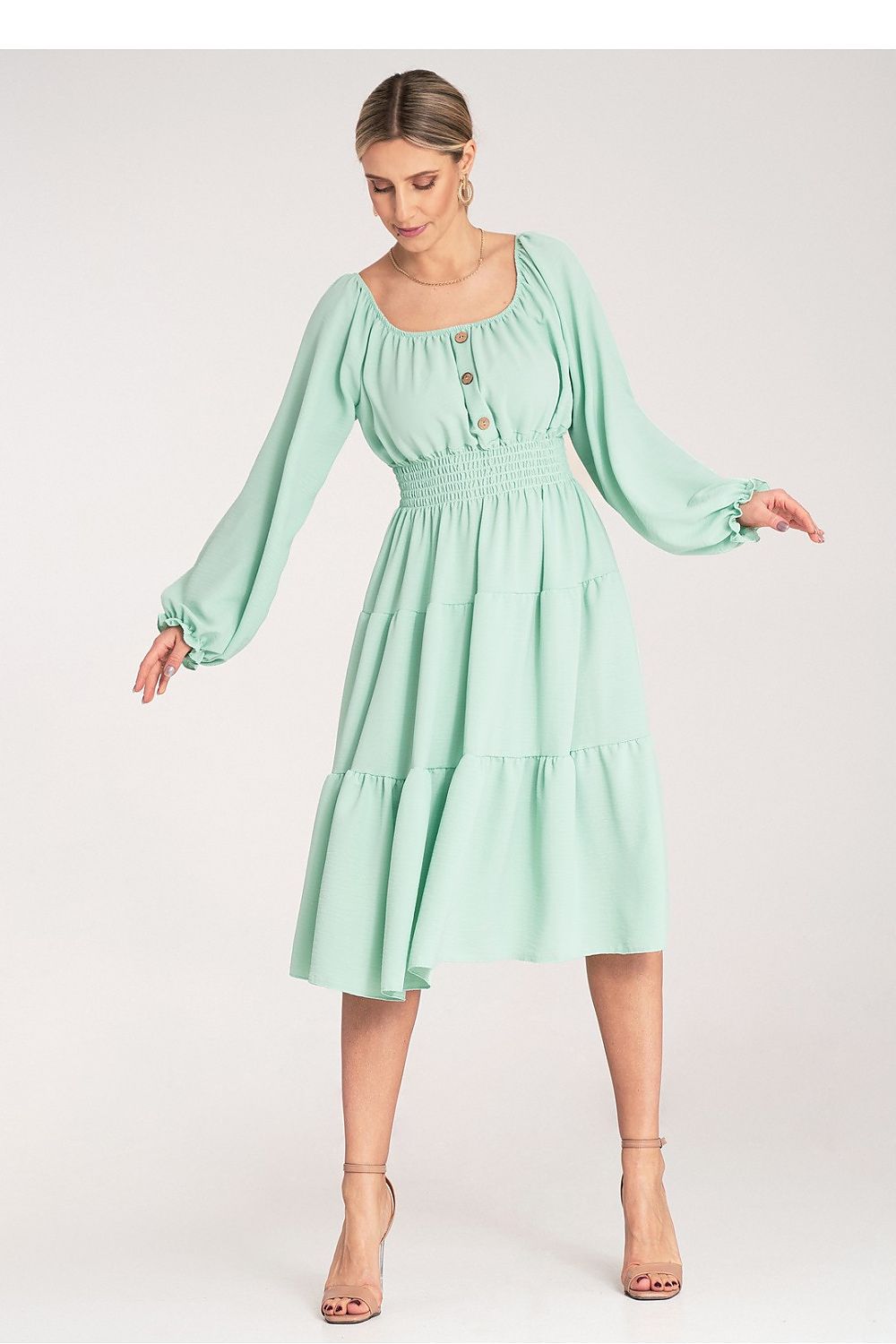 Midi Kleid Damen Spanischer Ausschnitt Holzknöpfe Gürtel