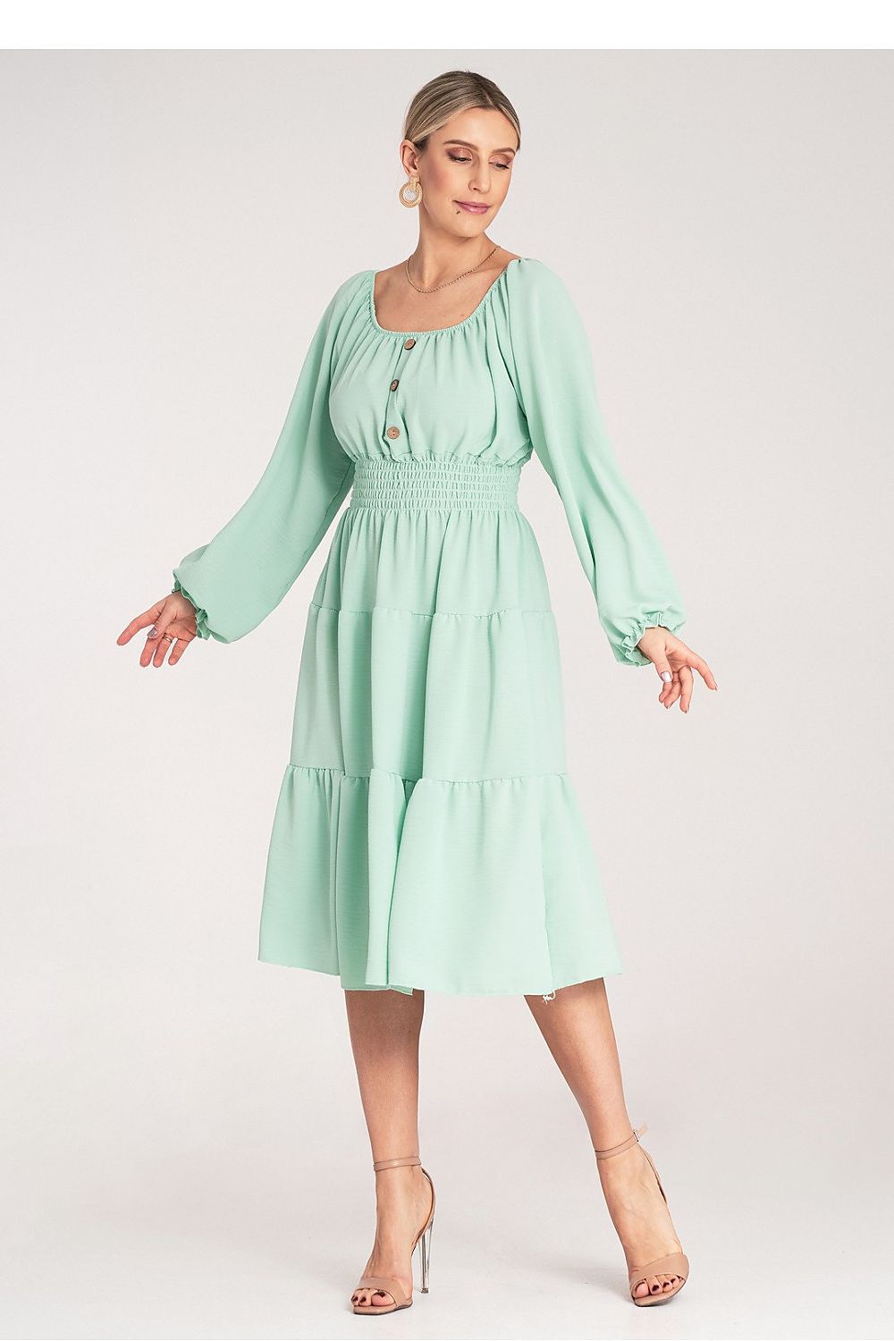 Midi Kleid Damen Spanischer Ausschnitt Holzknöpfe Gürtel