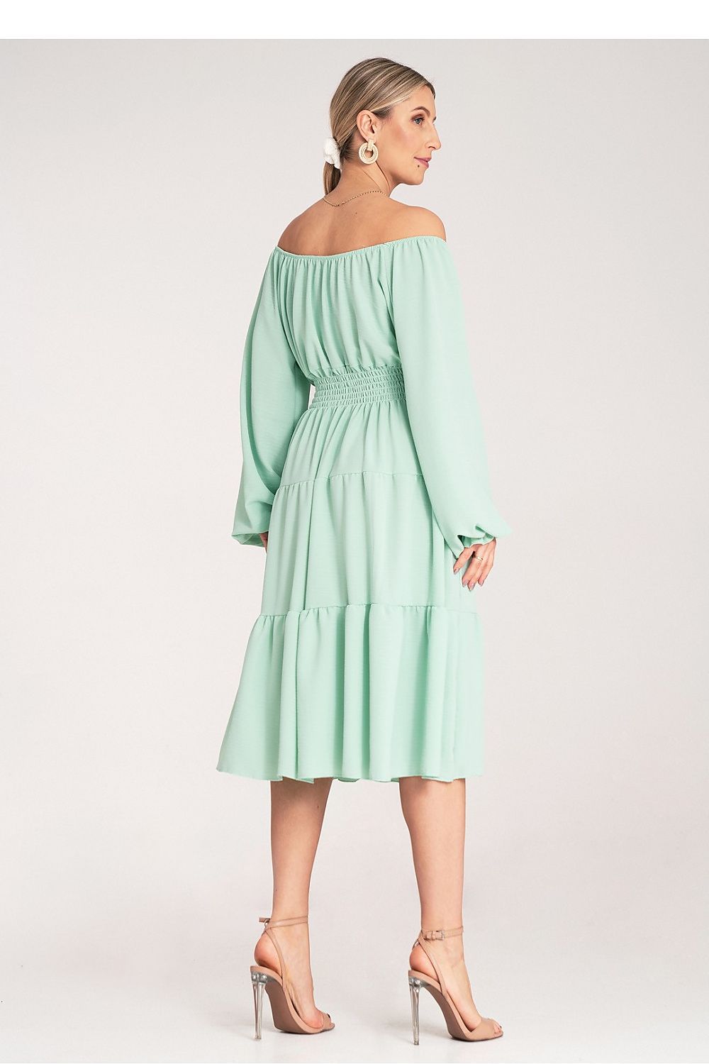 Midi Kleid Damen Spanischer Ausschnitt Holzknöpfe Gürtel