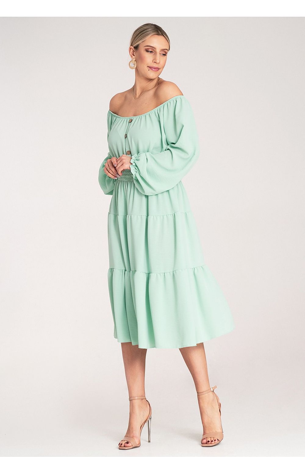 Midi Kleid Damen Spanischer Ausschnitt Holzknöpfe Gürtel