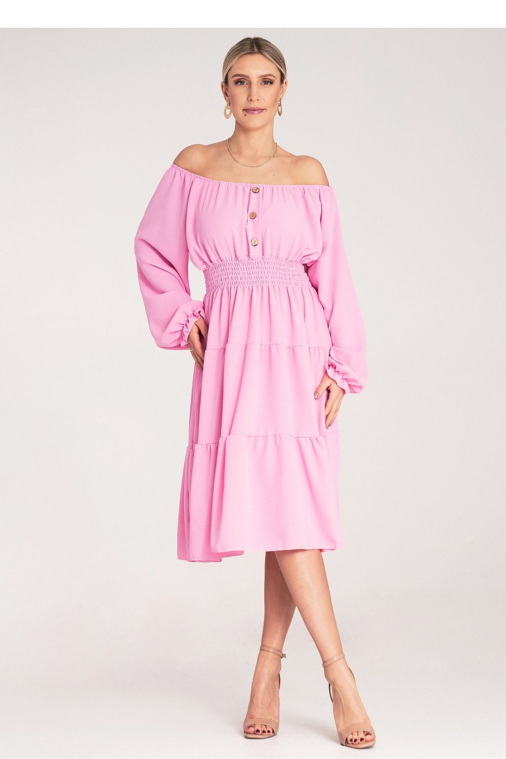 Midi Kleid Damen Spanischer Ausschnitt Holzknöpfe Gürtel