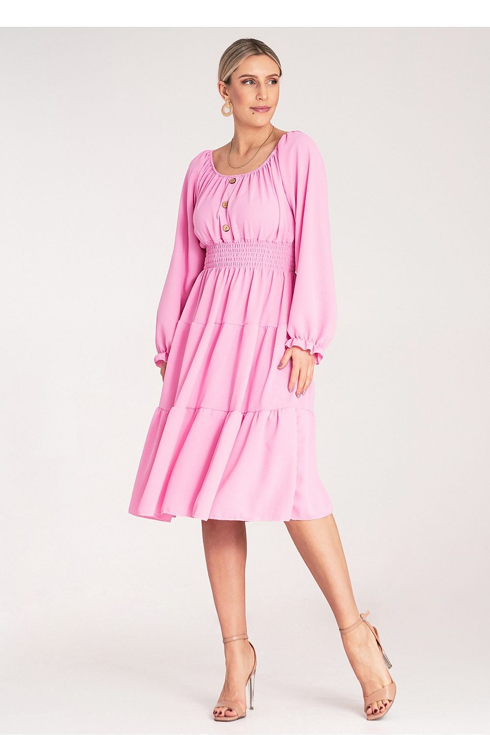 Midi Kleid Damen Spanischer Ausschnitt Holzknöpfe Gürtel