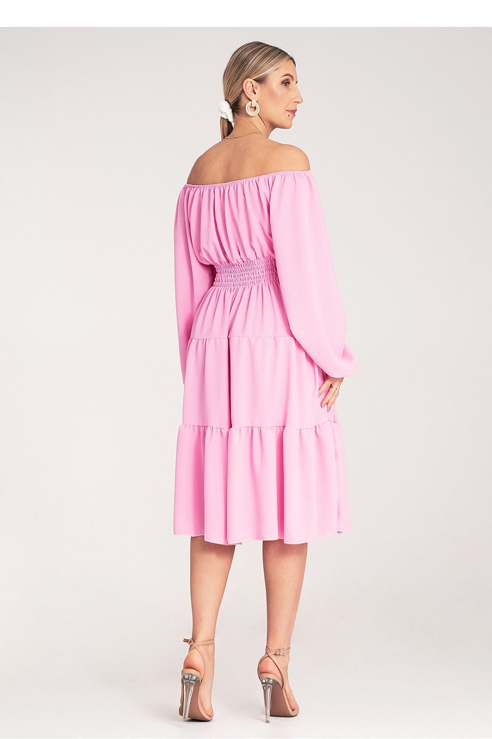 Midi Kleid Damen Spanischer Ausschnitt Holzknöpfe Gürtel