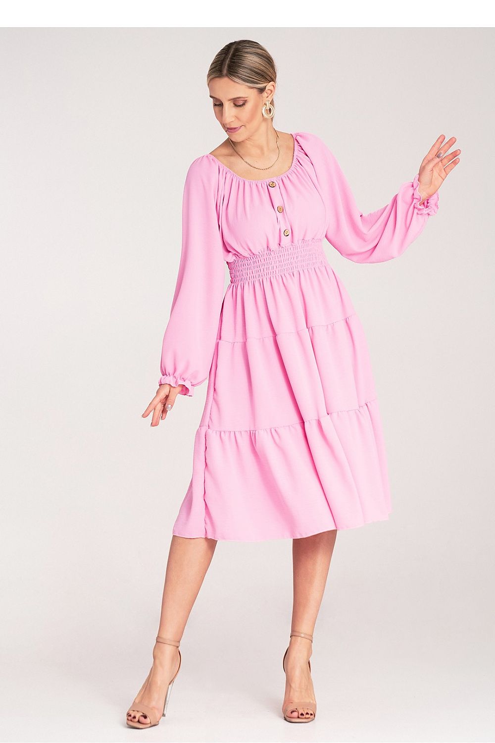 Midi Kleid Damen Spanischer Ausschnitt Holzknöpfe Gürtel