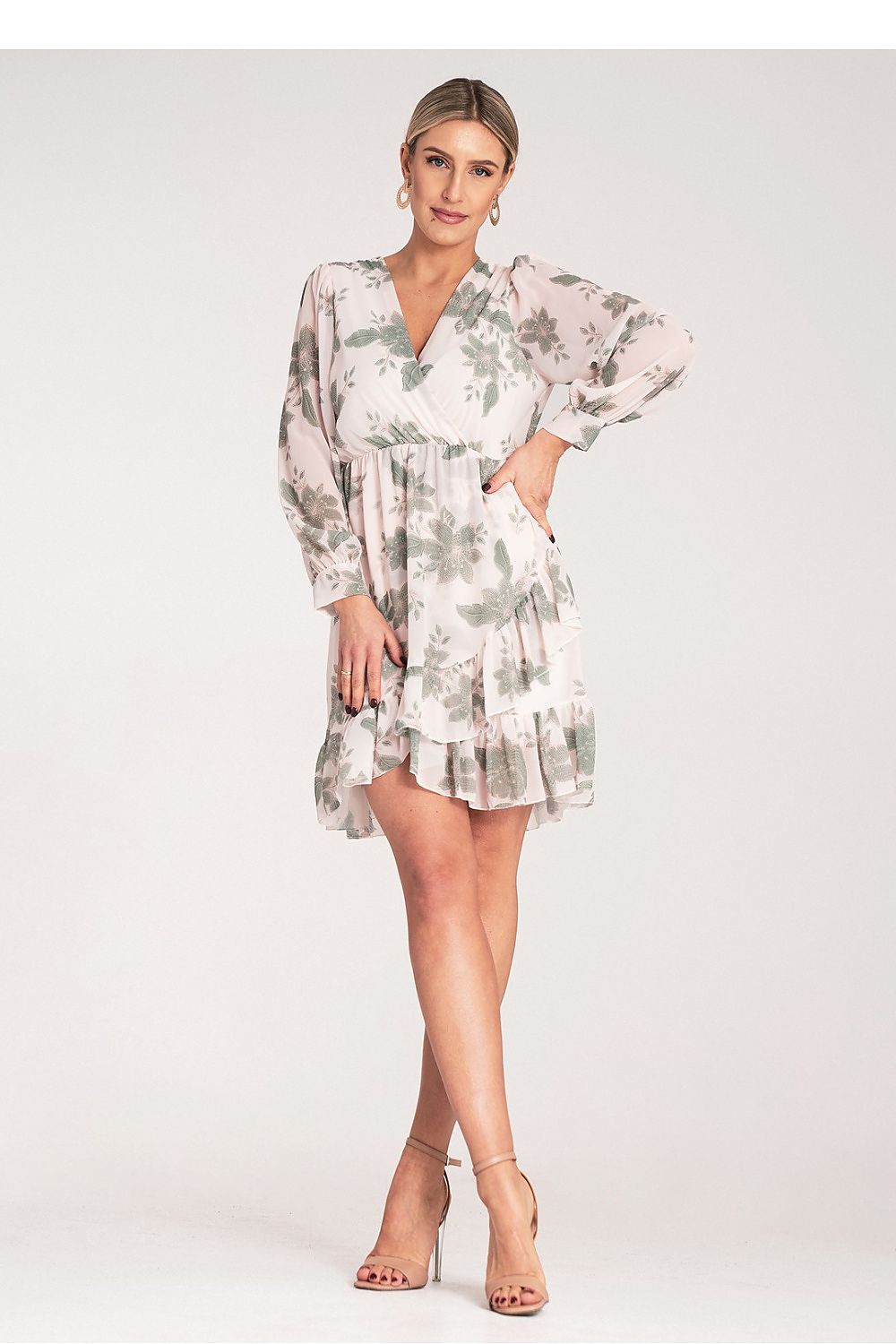Midi Kleid Damen Blumenmuster V-Ausschnitt Langarm