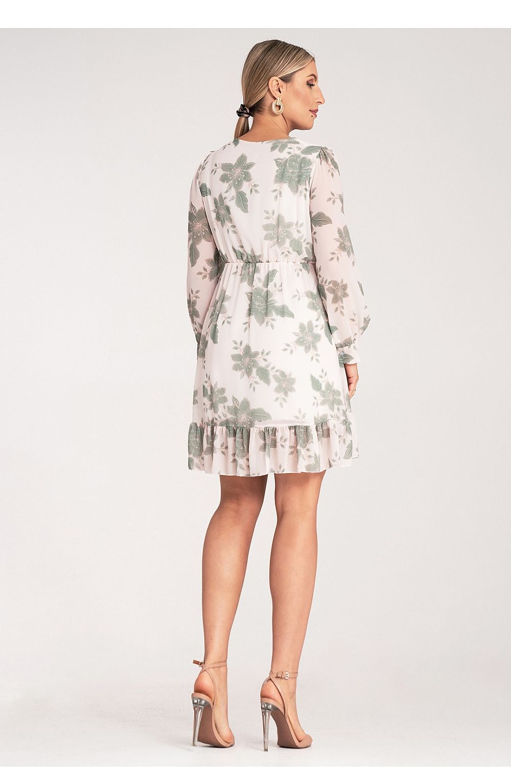 Midi Kleid Damen Blumenmuster V-Ausschnitt Langarm