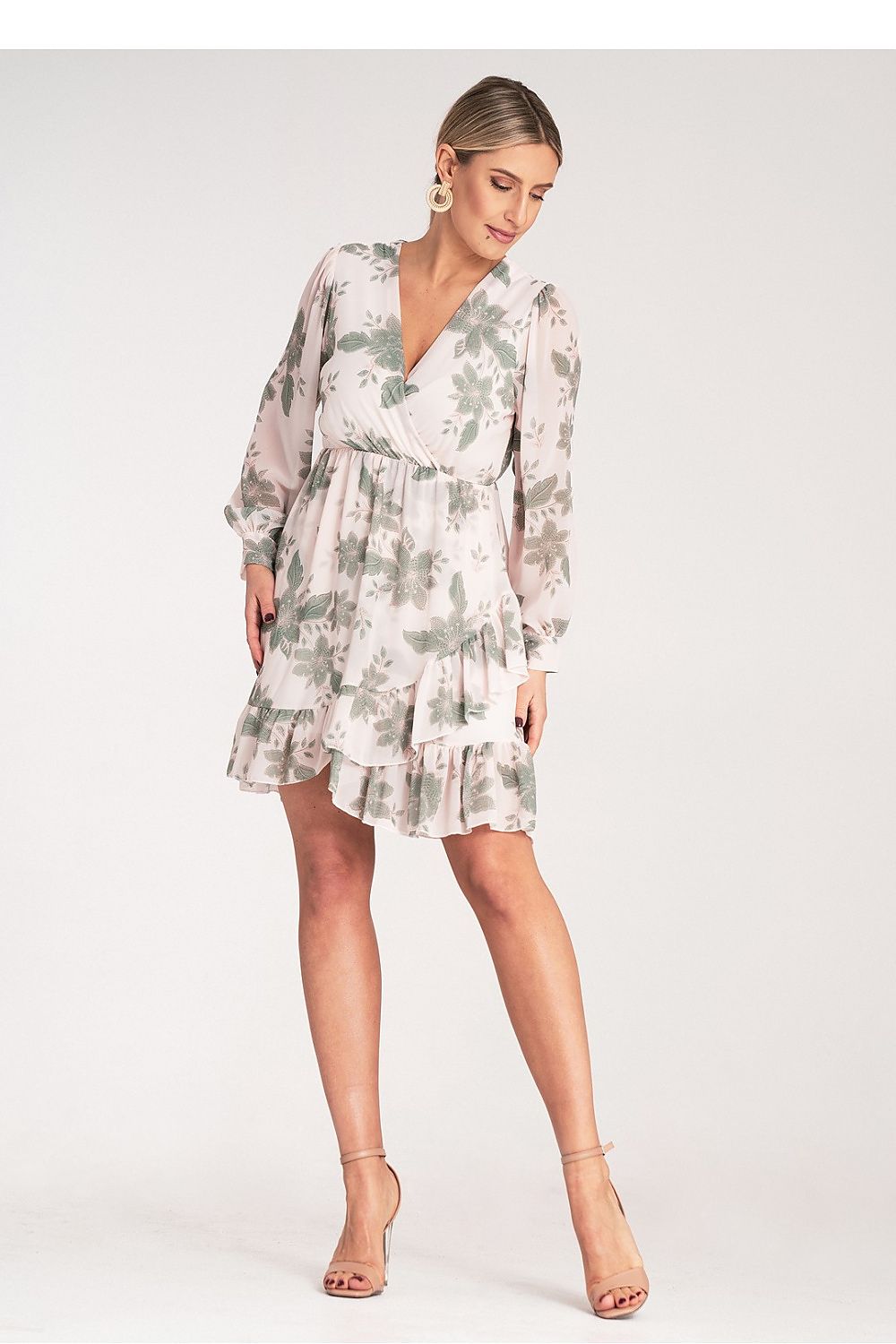 Midi Kleid Damen Blumenmuster V-Ausschnitt Langarm
