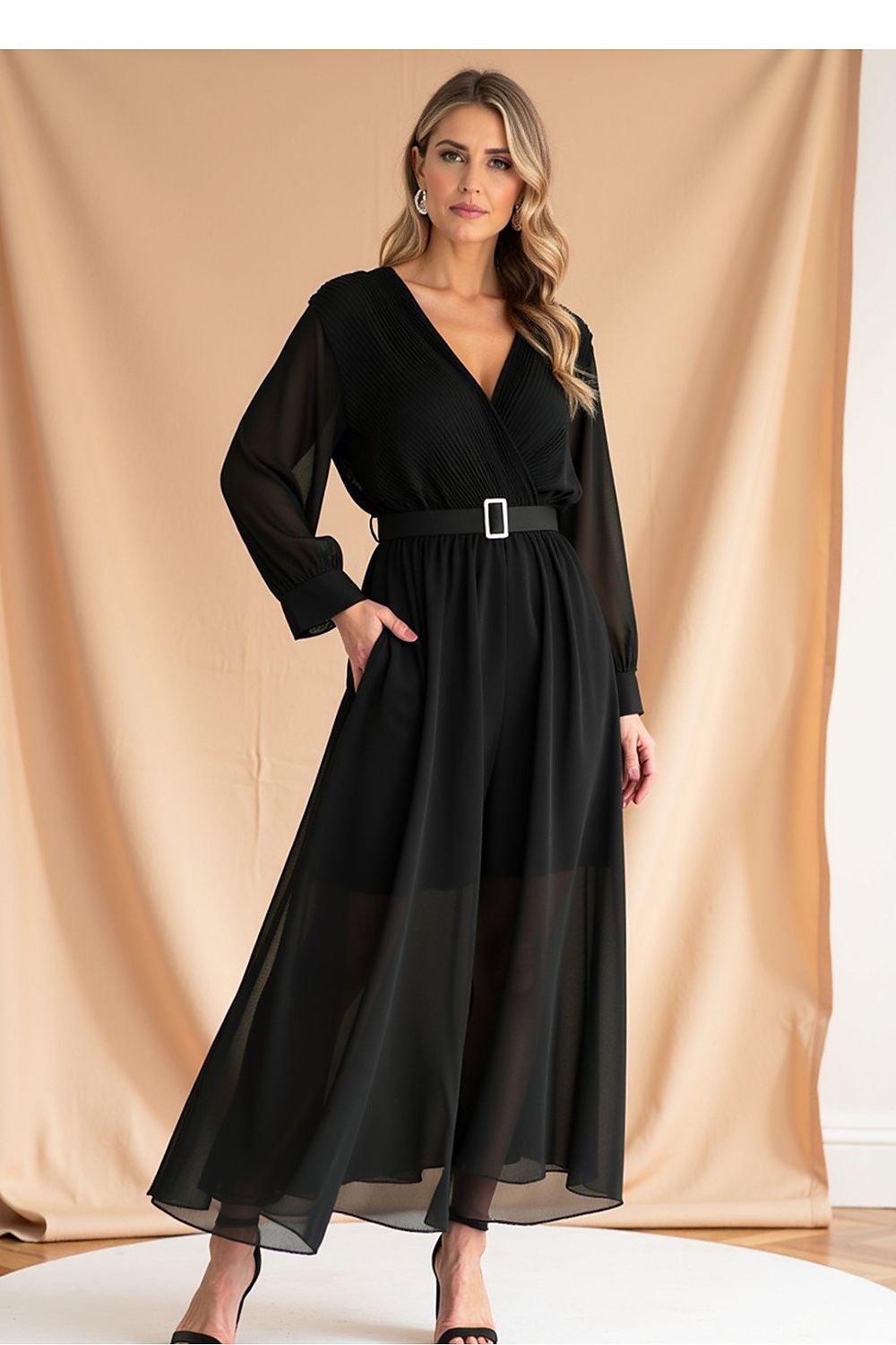 Maxikleid Damen Plissiert Überlappend Gürtel Langarm