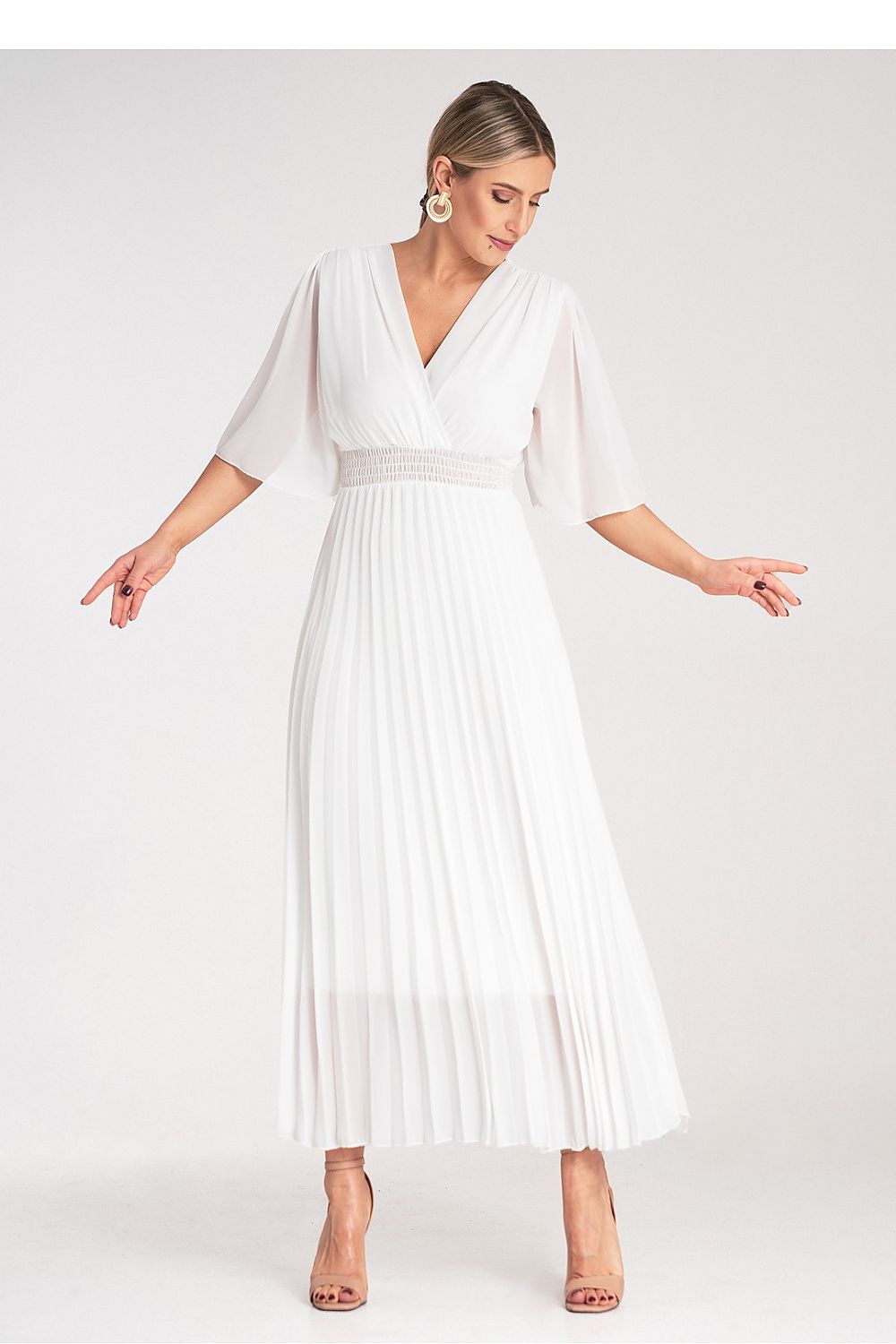 Maxikleid Damen V-Ausschnitt Plissee Viskose-Futter elegant