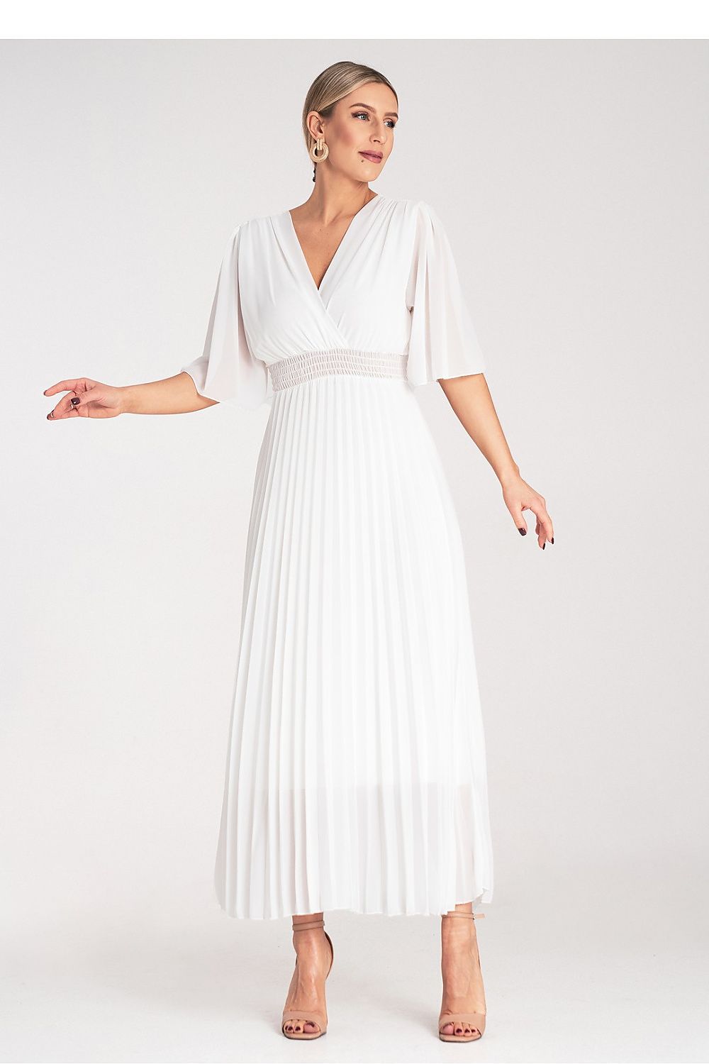 Maxikleid Damen V-Ausschnitt Plissee Viskose-Futter elegant
