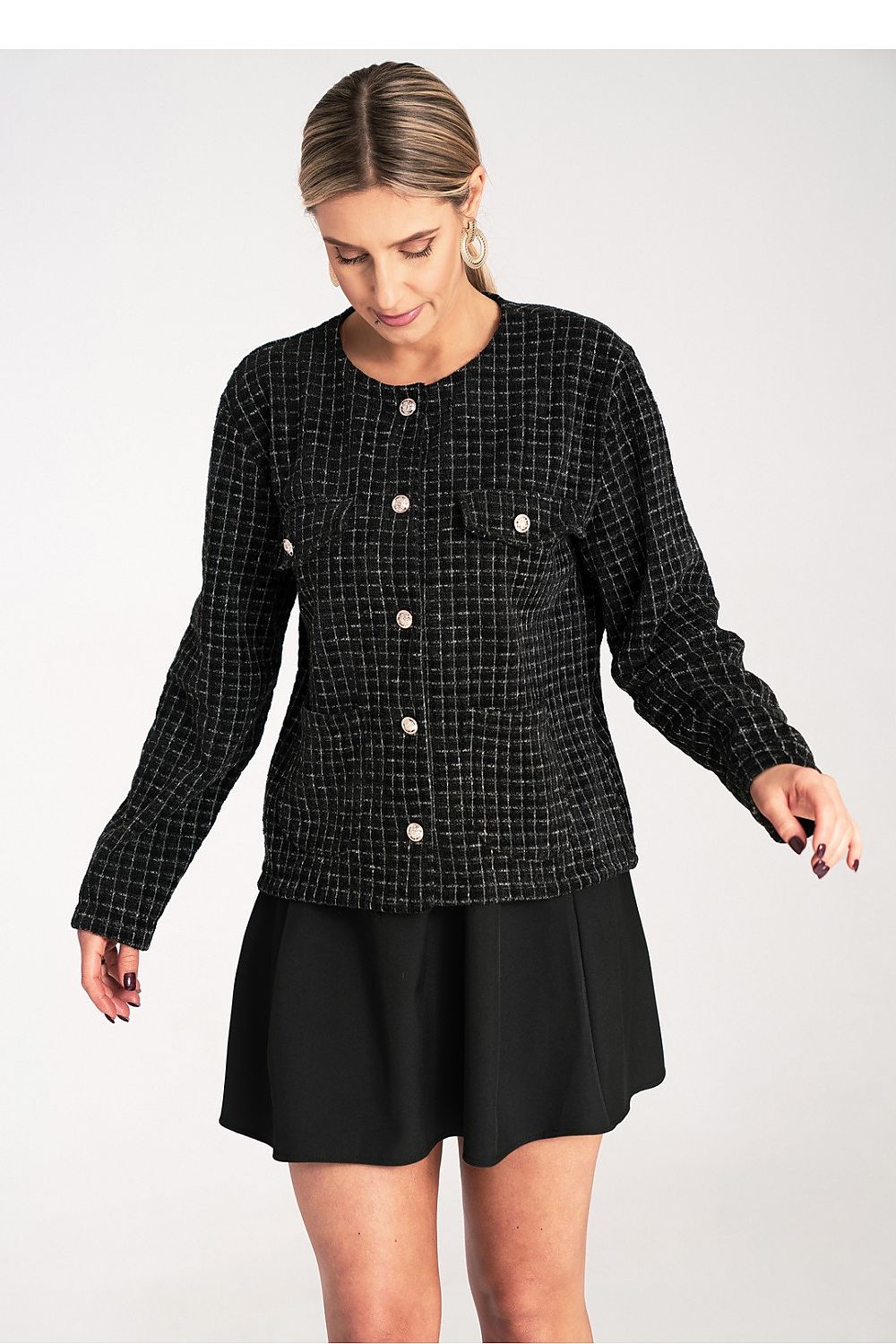 Jacke Damen Tweed Chanel-Stil kariert goldene Knöpfe