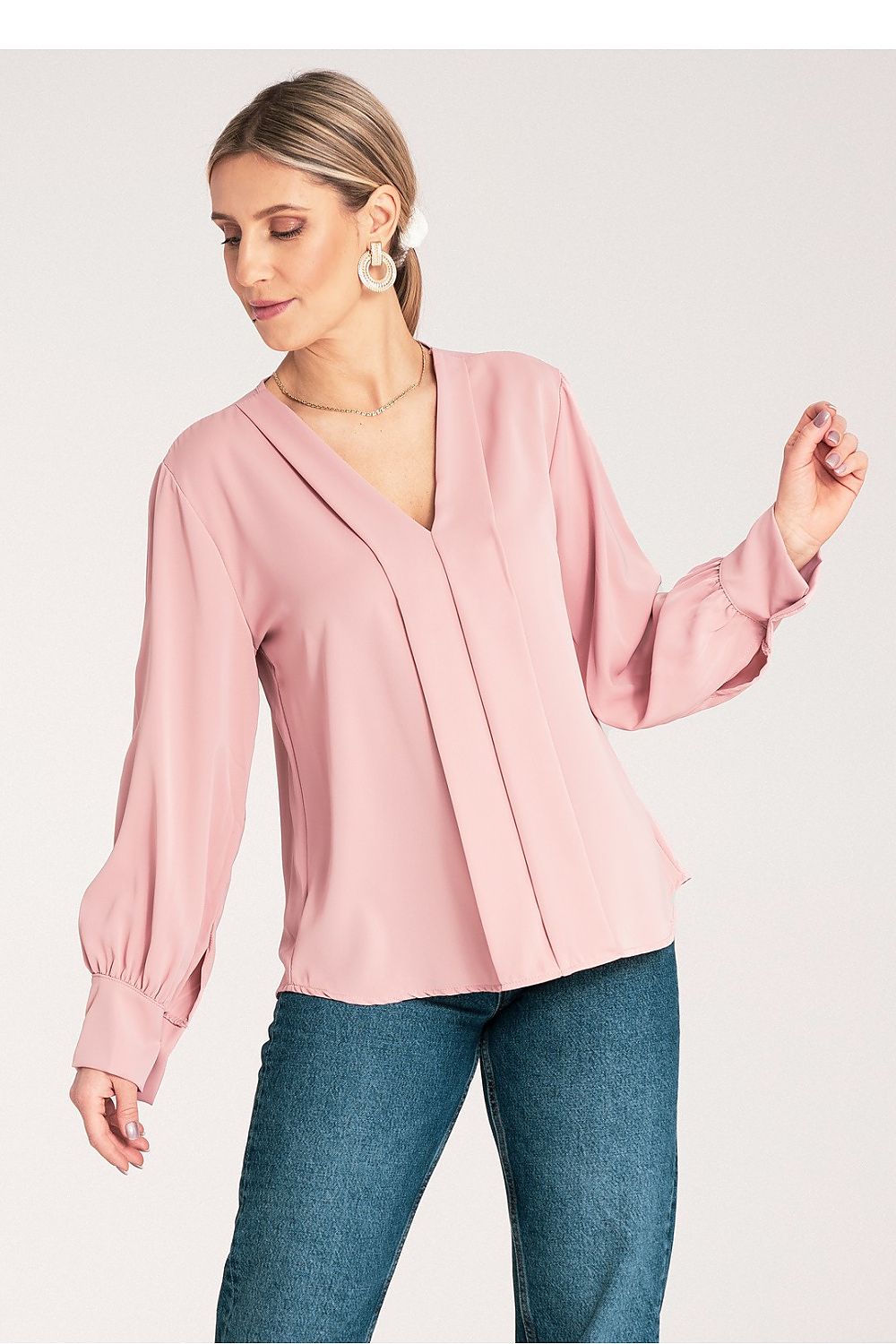 Bluse Damen Satin Langarm V-Ausschnitt elegant