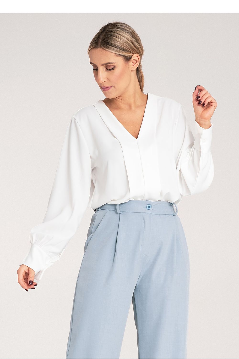 Bluse Damen Satin Langarm V-Ausschnitt elegant