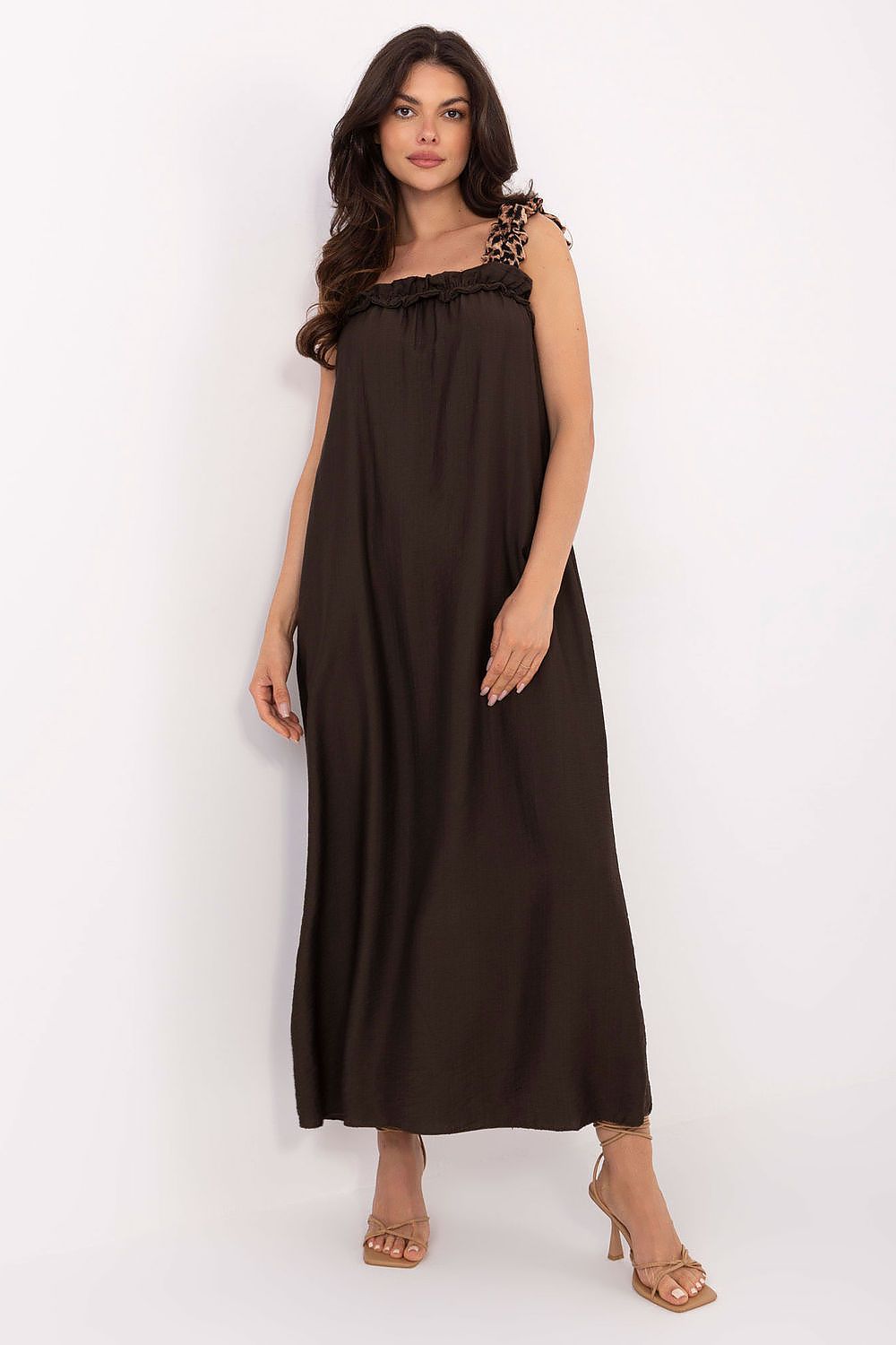 Maxikleid Damen Träger 100% Viskose mit Rüsche & Leopardenmuster