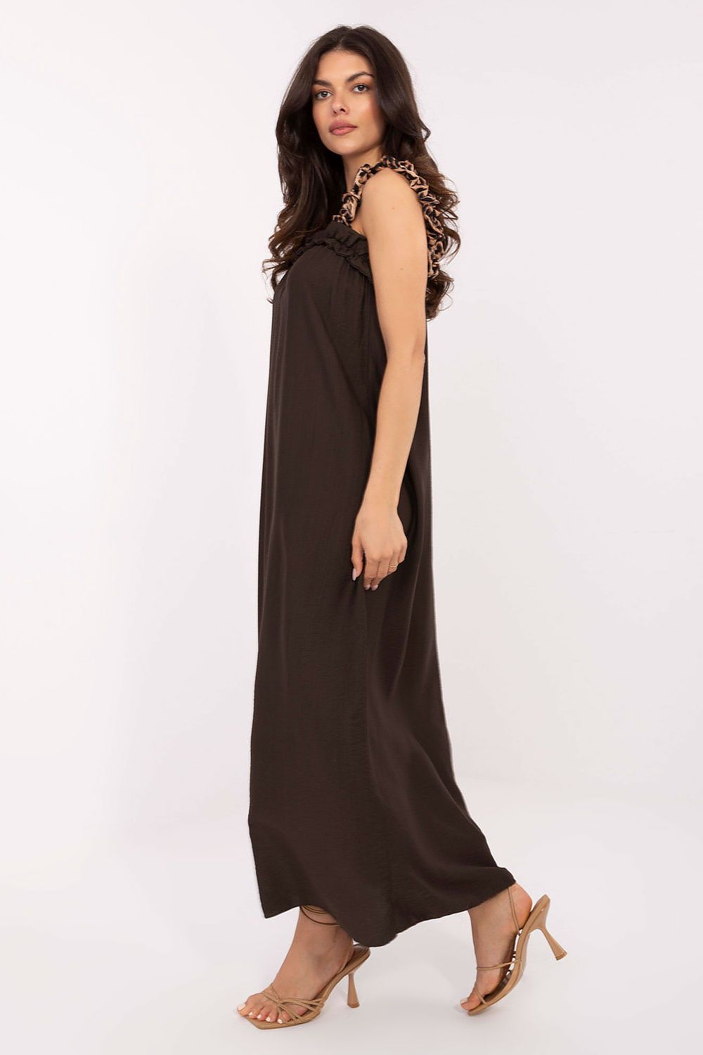 Maxikleid Damen Träger 100% Viskose mit Rüsche & Leopardenmuster