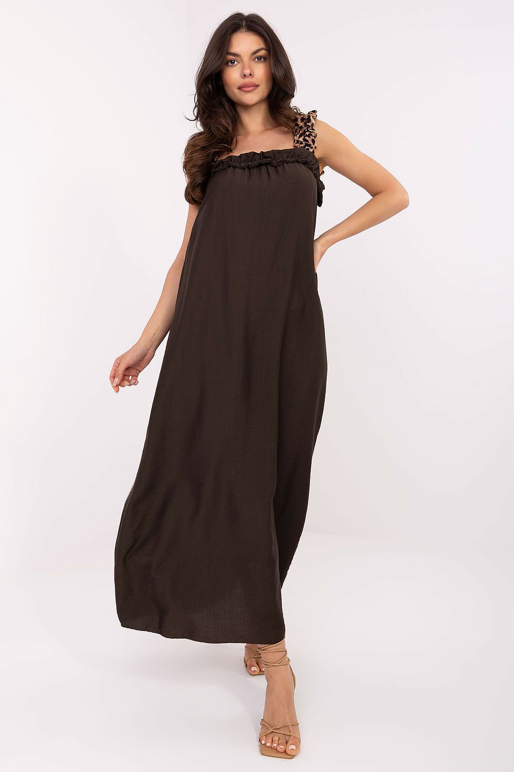 Maxikleid Damen Träger 100% Viskose mit Rüsche & Leopardenmuster