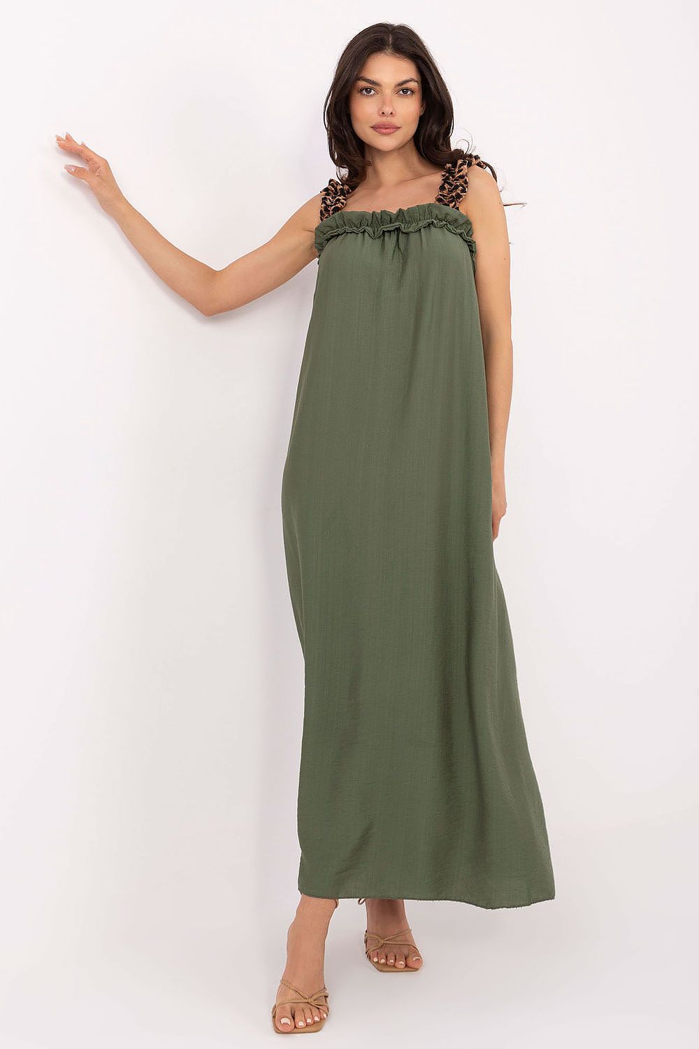 Maxikleid Damen Träger 100% Viskose mit Rüsche & Leopardenmuster