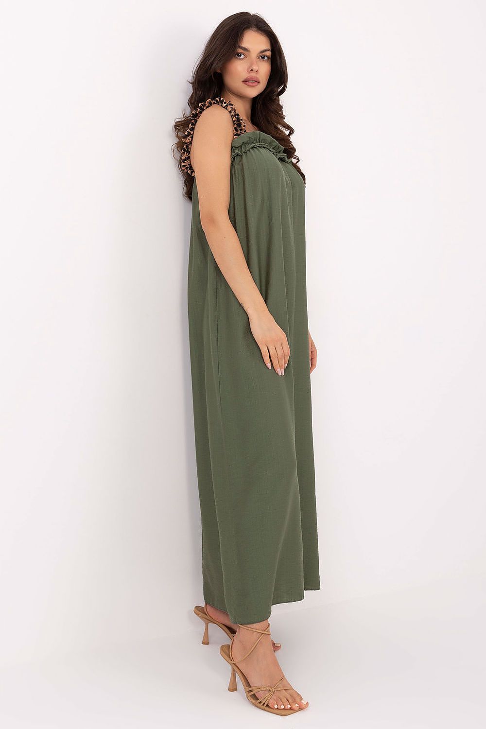Maxikleid Damen Träger 100% Viskose mit Rüsche & Leopardenmuster