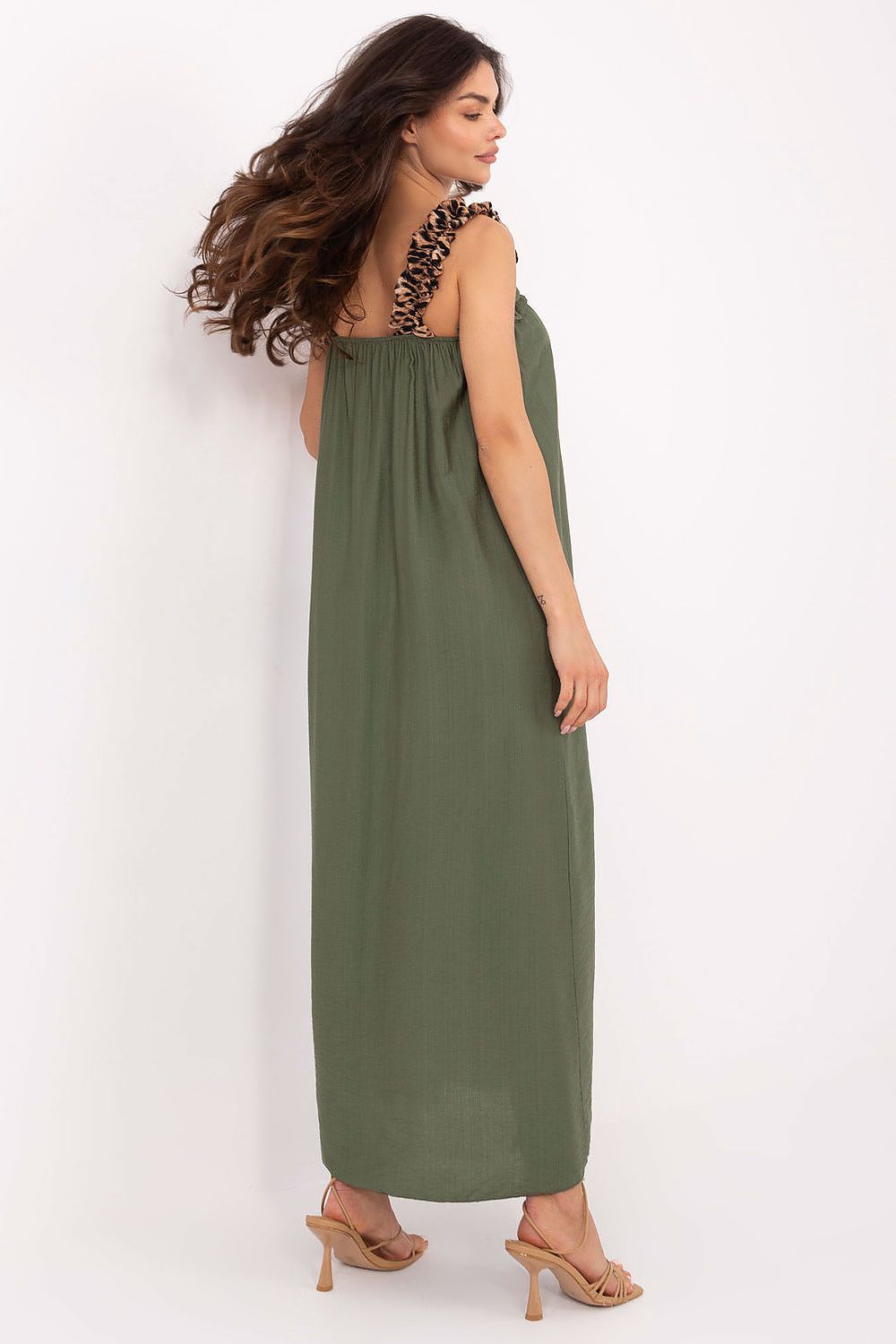 Maxikleid Damen Träger 100% Viskose mit Rüsche & Leopardenmuster