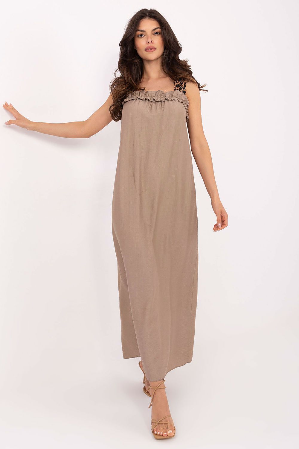 Maxikleid Damen Träger 100% Viskose mit Rüsche & Leopardenmuster