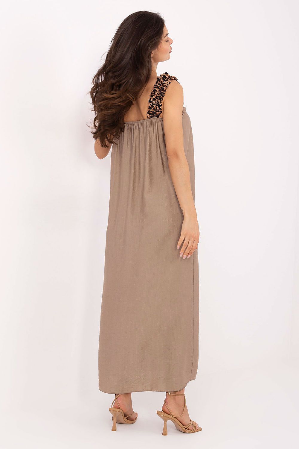 Maxikleid Damen Träger 100% Viskose mit Rüsche & Leopardenmuster