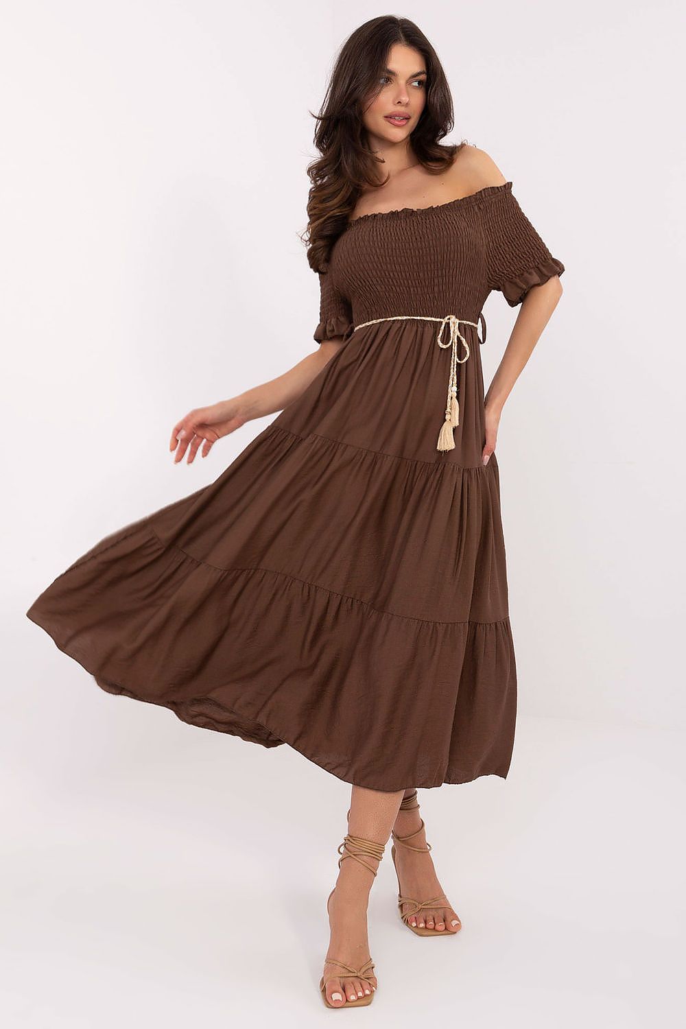 Sommerkleid Damen Carmen-Ausschnitt Rüschen & Taillenband | Viskose