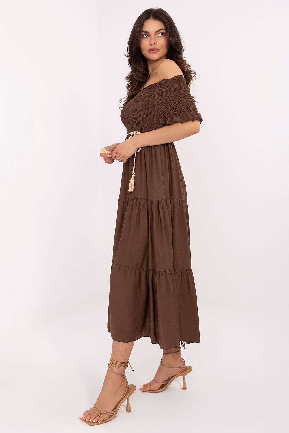 Sommerkleid Damen Carmen-Ausschnitt Rüschen & Taillenband | Viskose