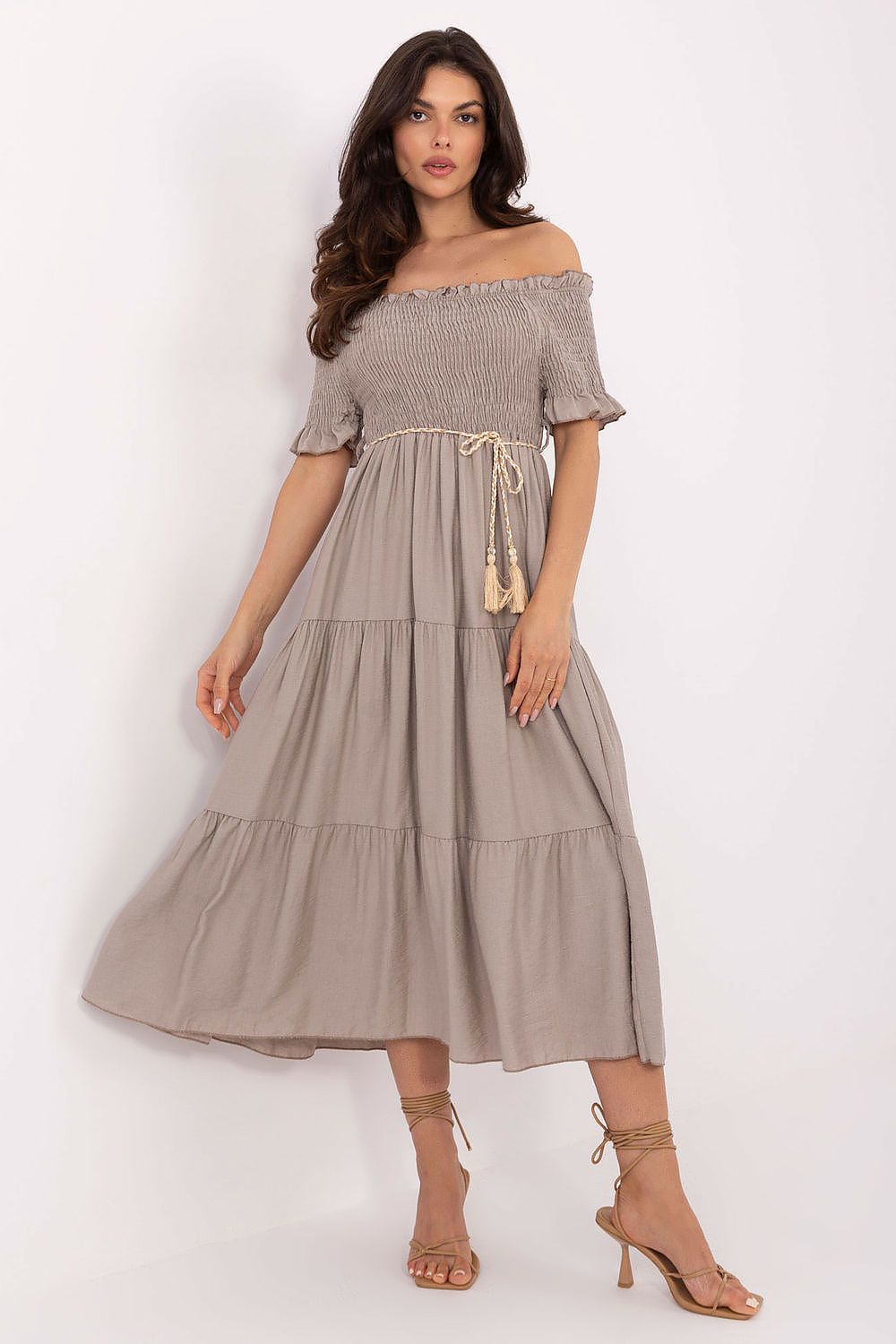 Sommerkleid Damen Carmen-Ausschnitt Rüschen & Taillenband | Viskose