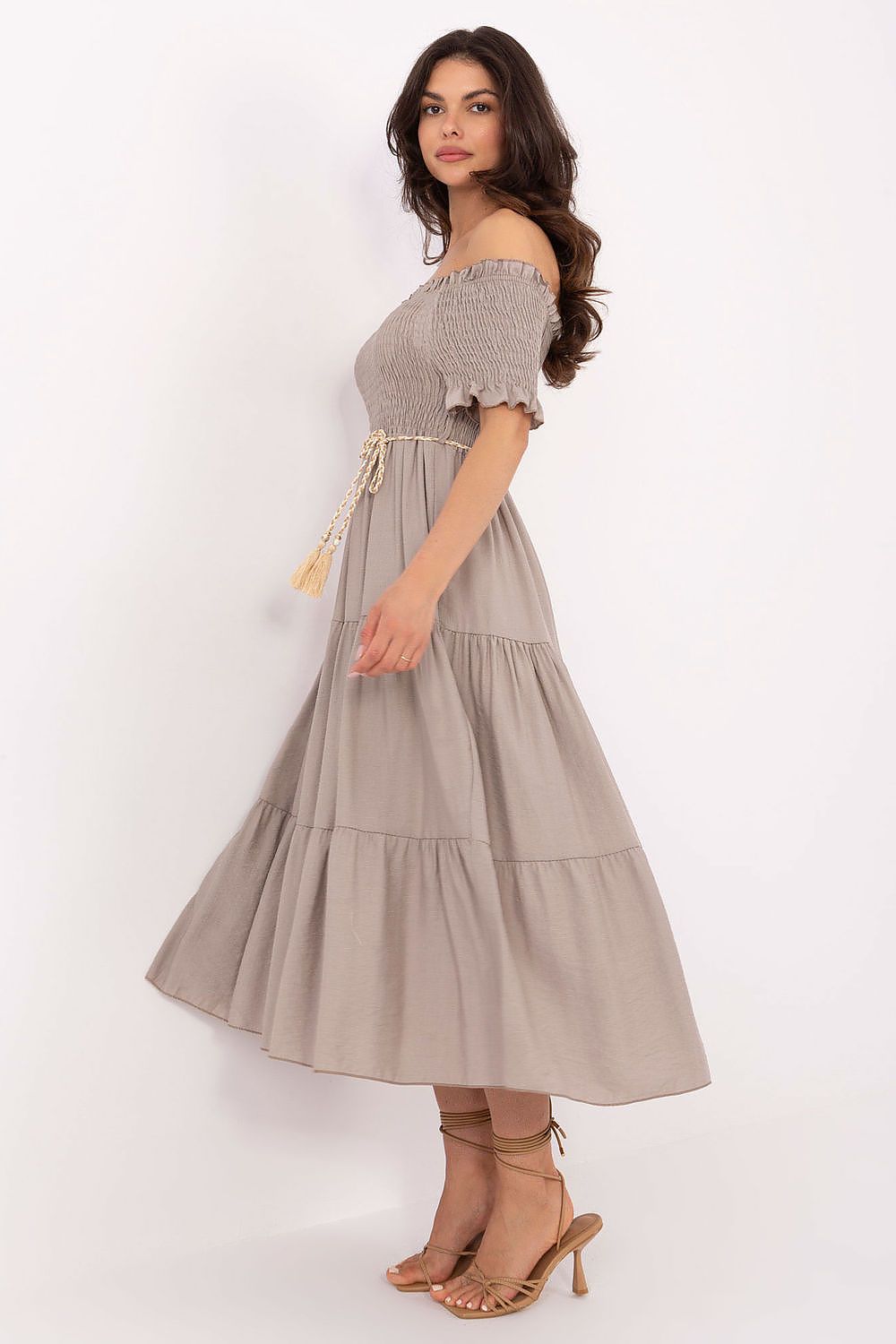 Sommerkleid Damen Carmen-Ausschnitt Rüschen & Taillenband | Viskose