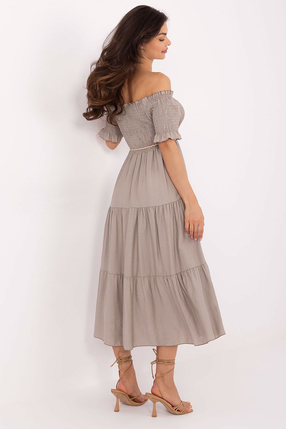 Sommerkleid Damen Carmen-Ausschnitt Rüschen & Taillenband | Viskose