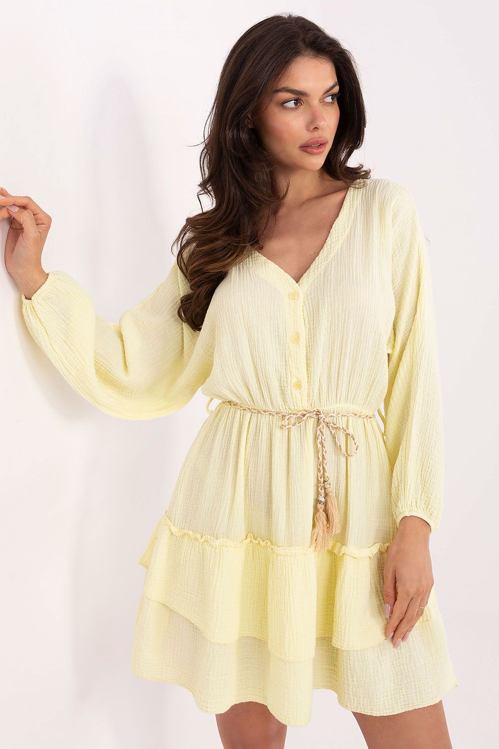 Boho Musselin Kleid Damen Mini 100% Baumwolle Puffärmel & Gürtel