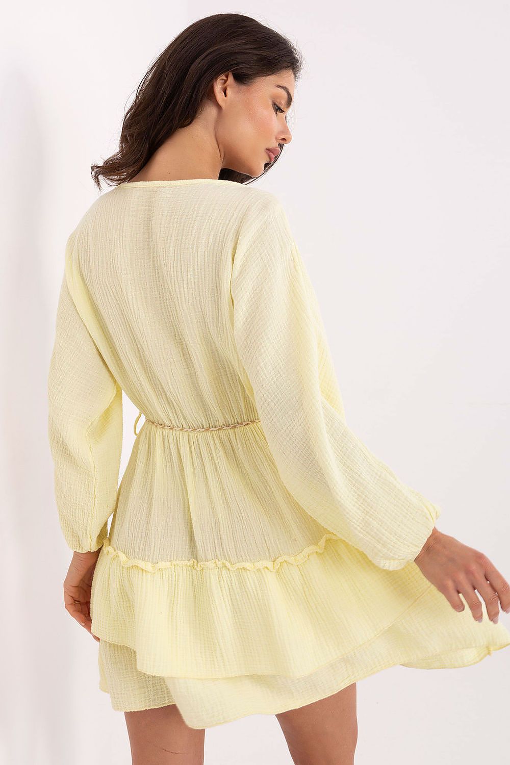 Boho Musselin Kleid Damen Mini 100% Baumwolle Puffärmel & Gürtel
