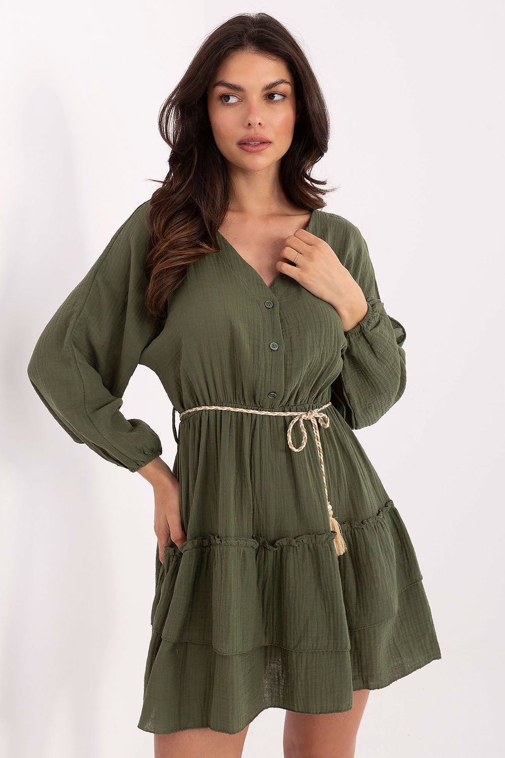 Boho Musselin Kleid Damen Mini 100% Baumwolle Puffärmel & Gürtel