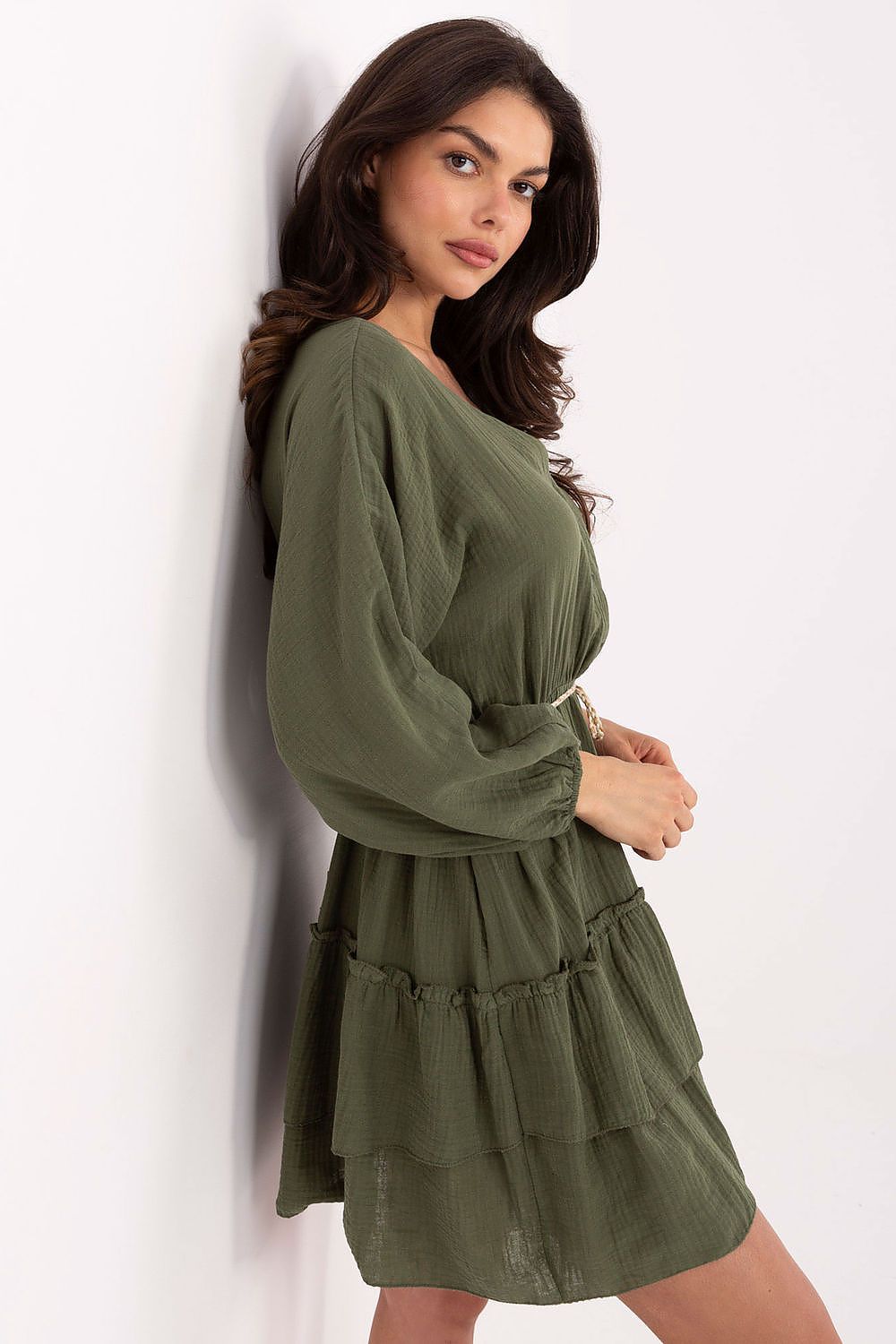 Boho Musselin Kleid Damen Mini 100% Baumwolle Puffärmel & Gürtel