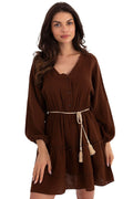 Boho Musselin Kleid Damen Mini 100% Baumwolle Puffärmel & Gürtel