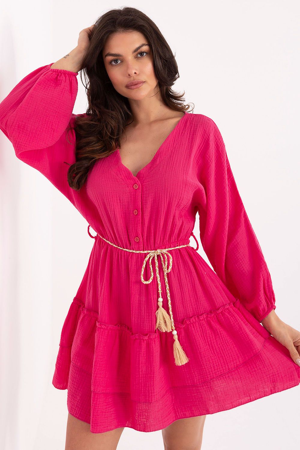 Boho Musselin Kleid Damen Mini 100% Baumwolle Puffärmel & Gürtel
