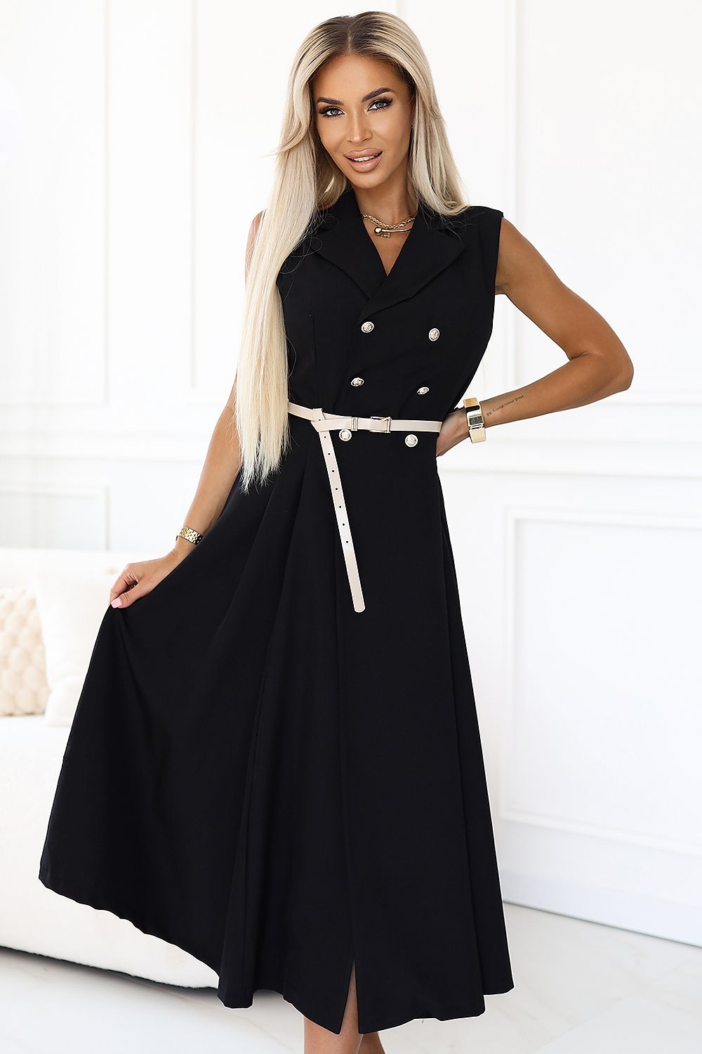 Midikleid Damen Smoking Ärmellos Tailliert Elegant