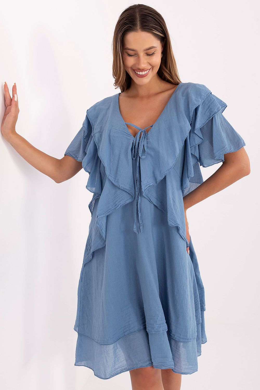 Boho Kleid Damen Oversize 100% Baumwolle mit Rüschenarmel | Sommer