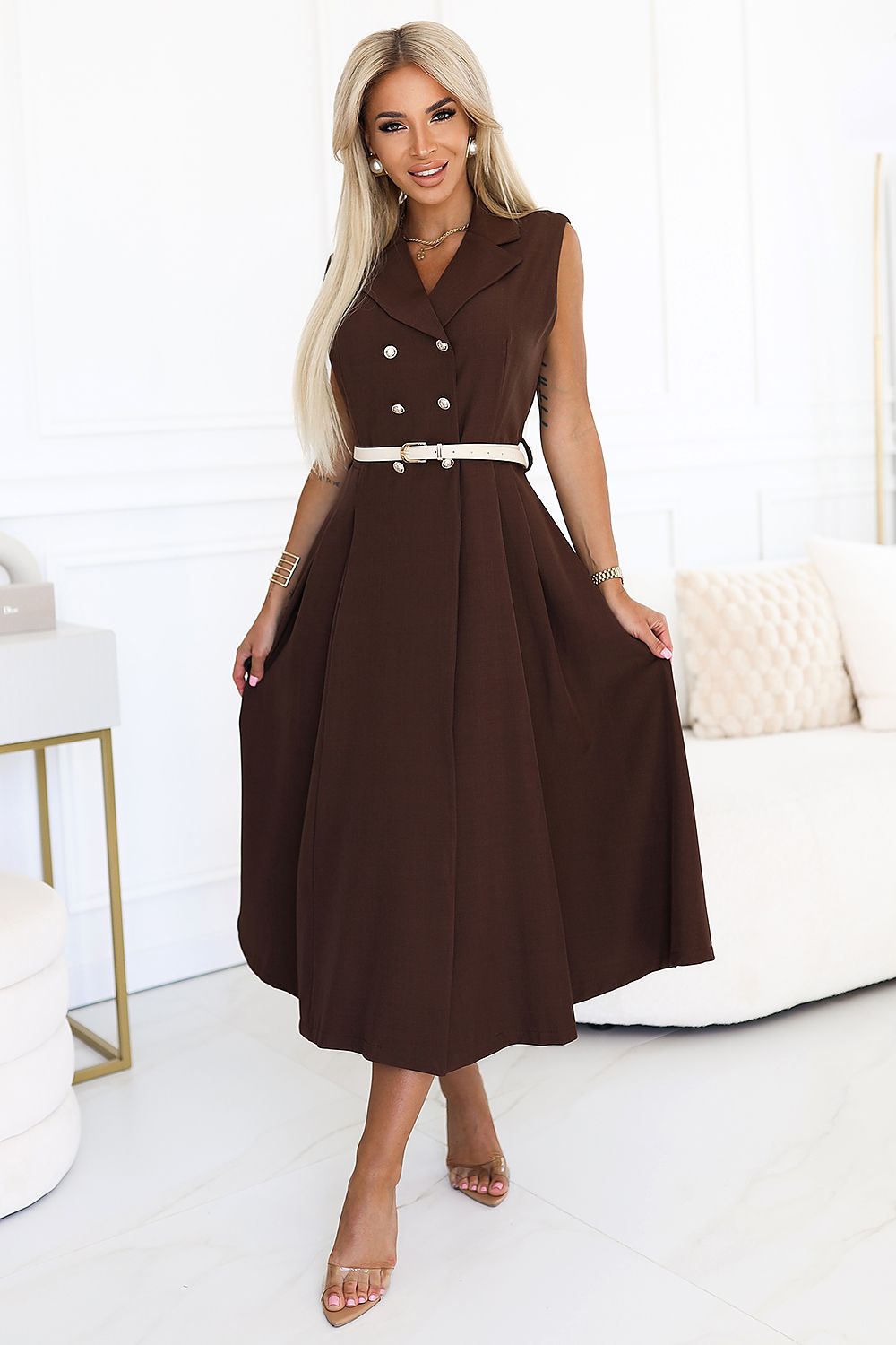Midikleid Damen Smoking Ärmellos Tailliert Elegant
