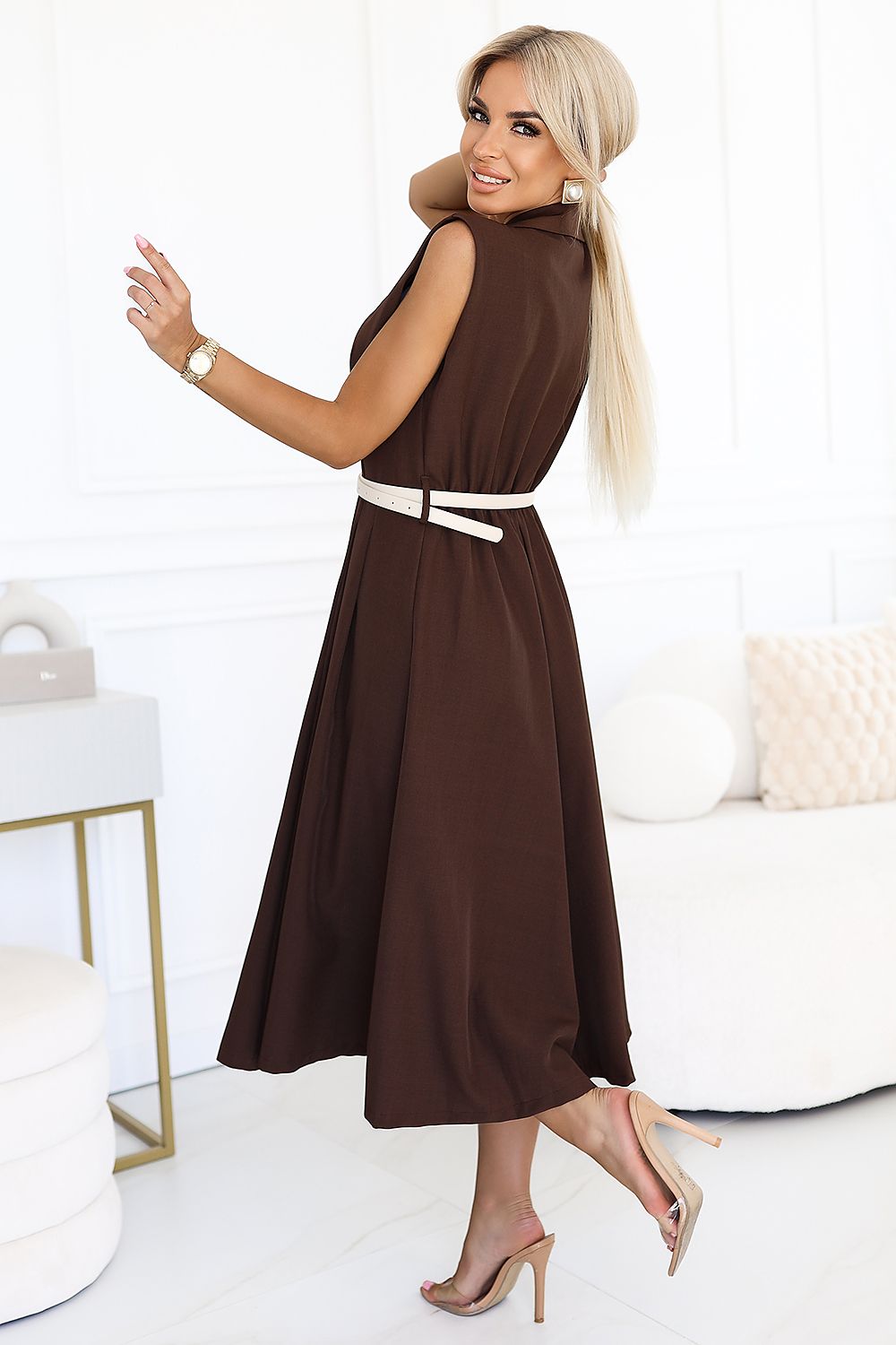 Midikleid Damen Smoking Ärmellos Tailliert Elegant