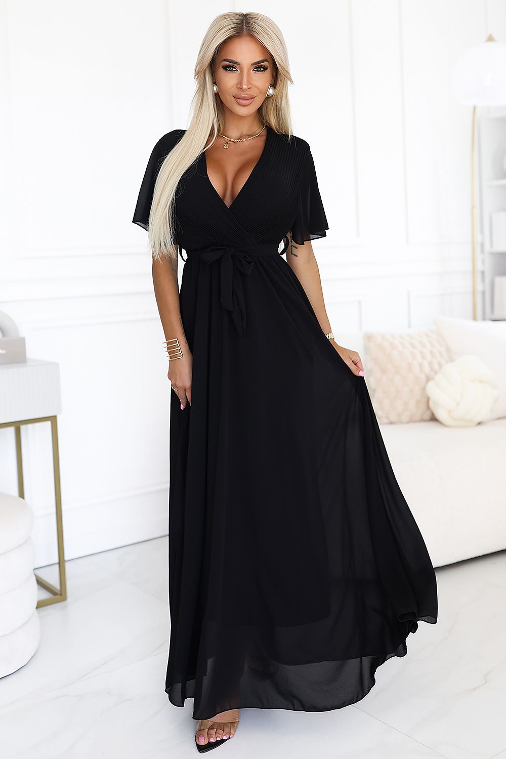 Maxikleid Damen Chiffon Plissiert Bindeband Kurzarm