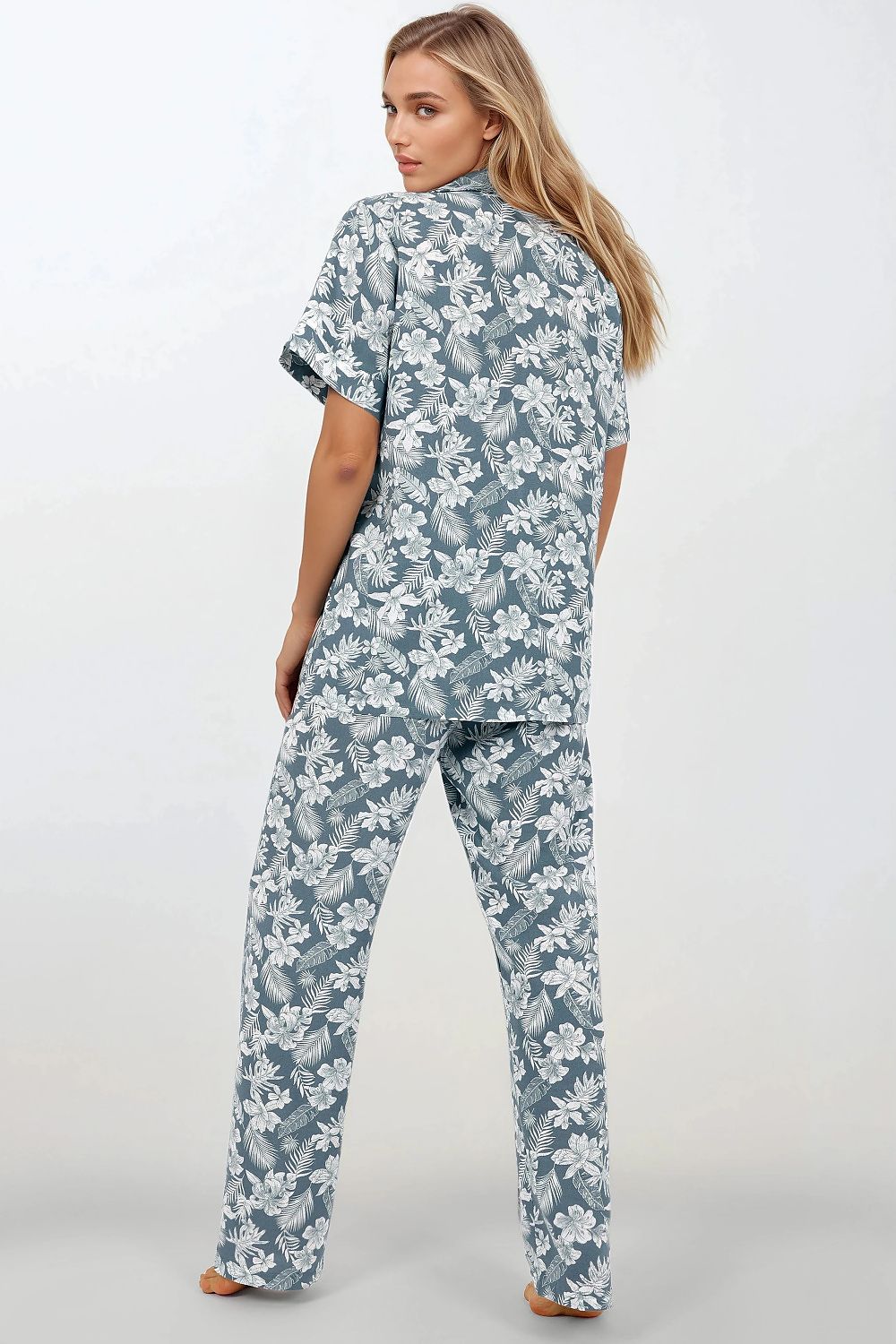 Pyjama Damen lang grün – Viskose Hemd mit Knopfleiste & Hose