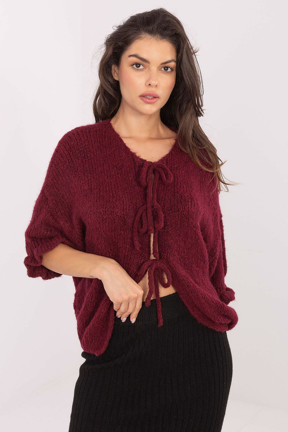 Cardigan Damen lässig mit 3/4-Arm & Bandverschluss | Strickjacke