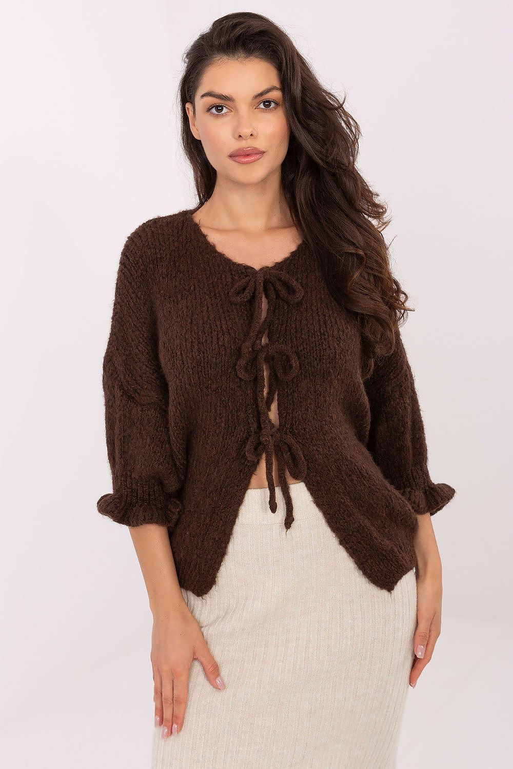 Cardigan Damen lässig mit 3/4-Arm & Bandverschluss | Strickjacke