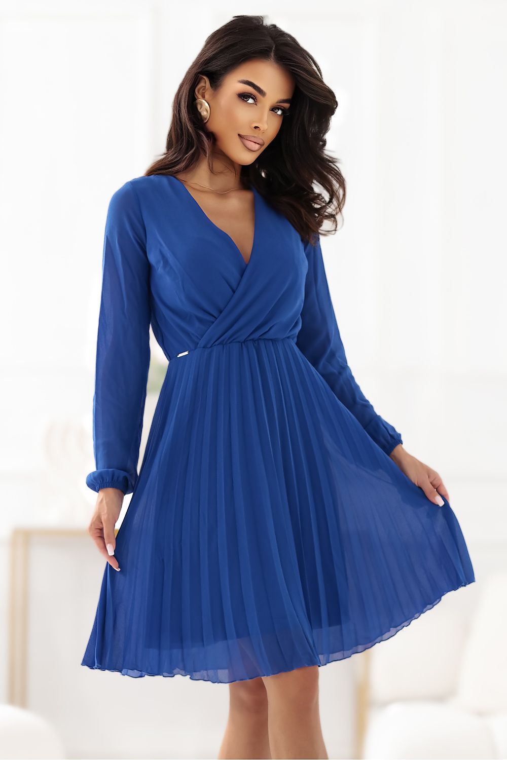 Cocktailkleid Damen Plissiert Chiffon Langarm