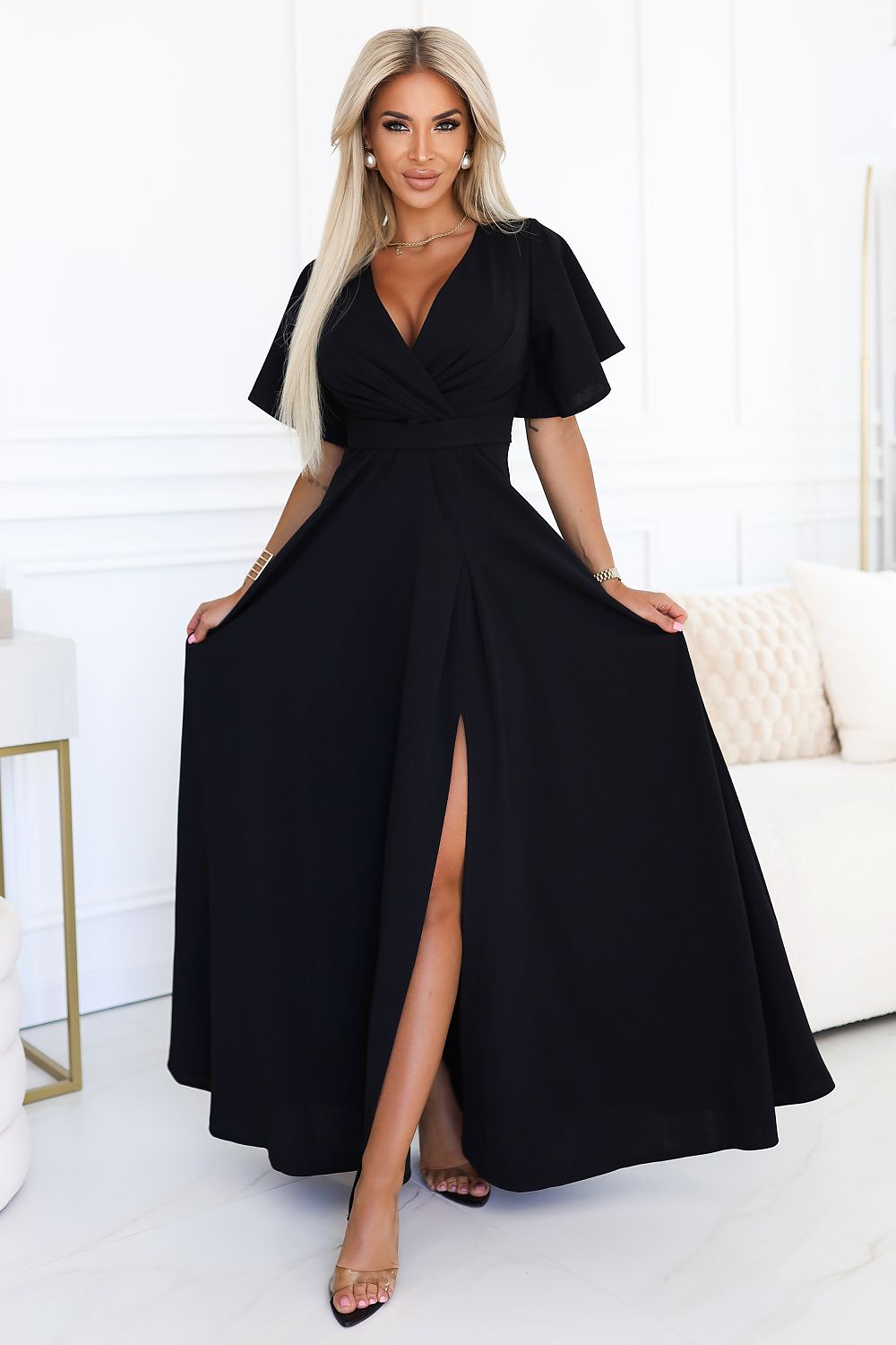 Maxikleid Damen Brokat Wickelausschnitt Beinschlitz